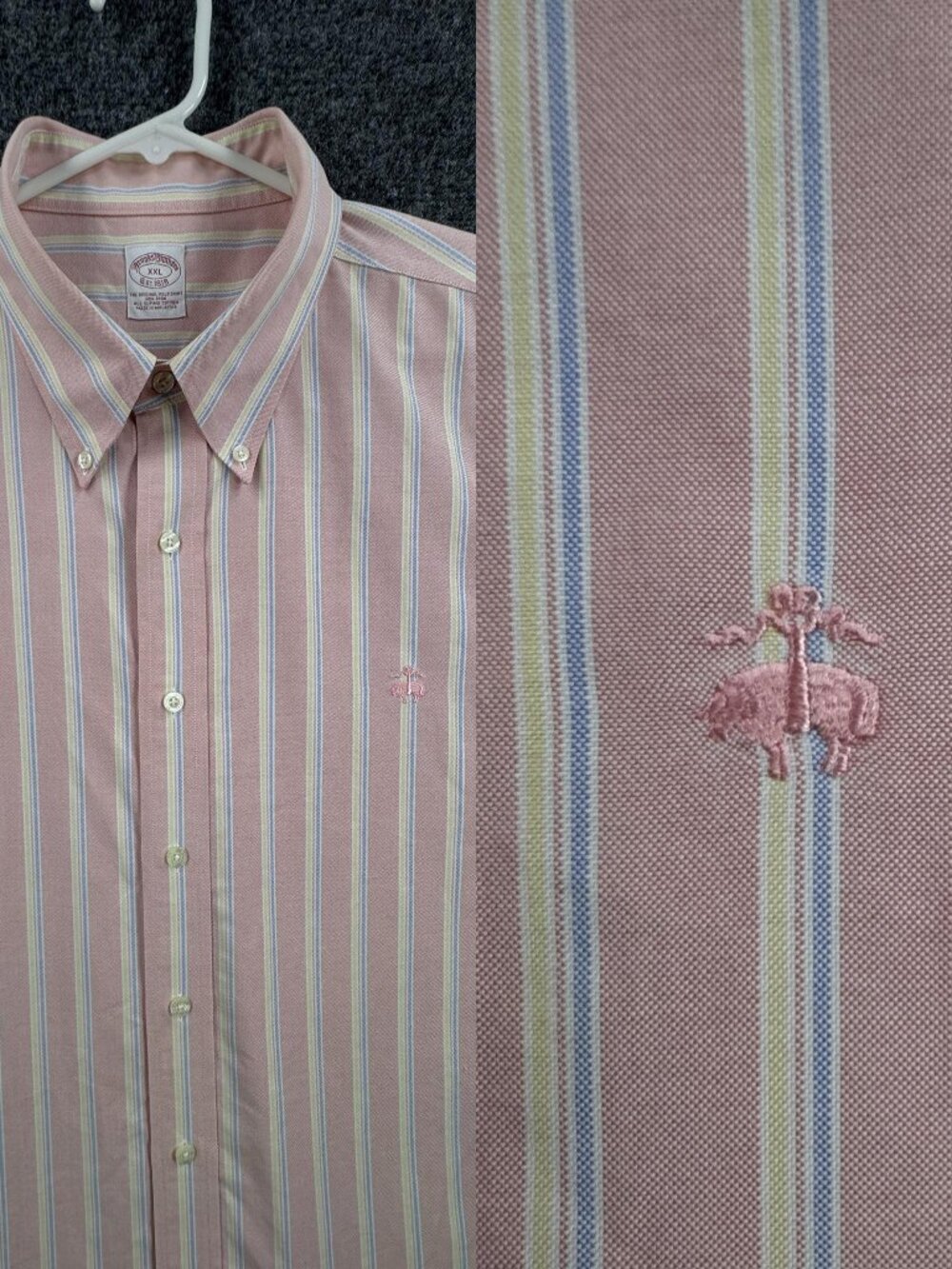 Brooks Brothers Oxford OCBD Supima Pink Blue 2XL Logo Non-Iron Men Striped Shirt